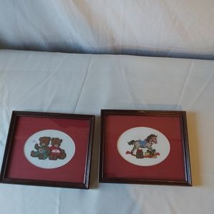 Set of Cross Stitch Vintag Picture of a Rocking Horse and Teddy Bears In Love -